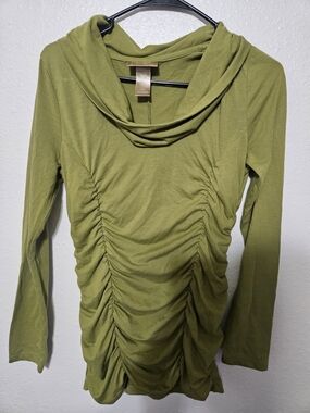 Ruched Cowl Neck Long Sleeve Top - Olive Green